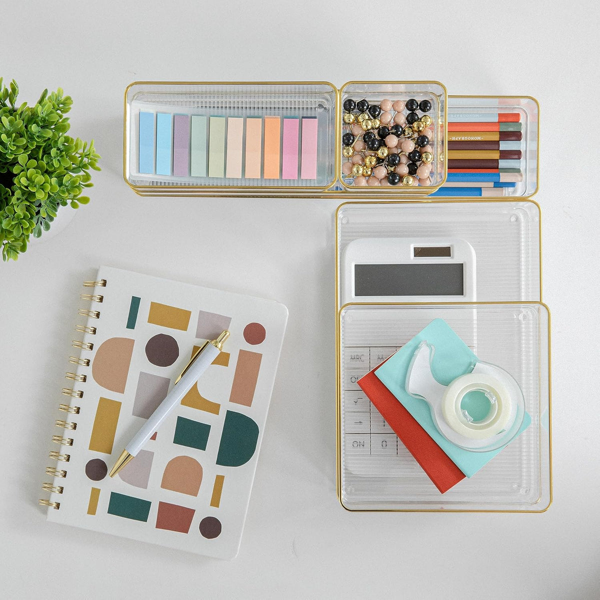 Martha Stewart Kerry Stackable Desk Drawer Organizers, Clear/Gold, 6-Pack