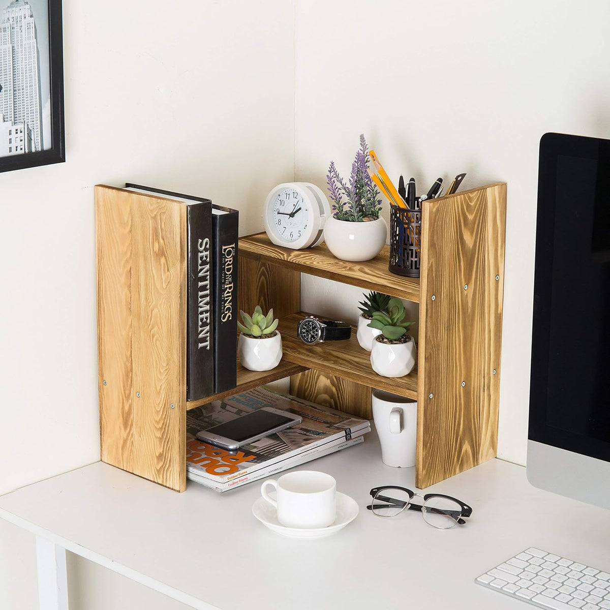 MyGift Adjustable Dark Brown Solid Wood Desktop Storage Organizer Display She...