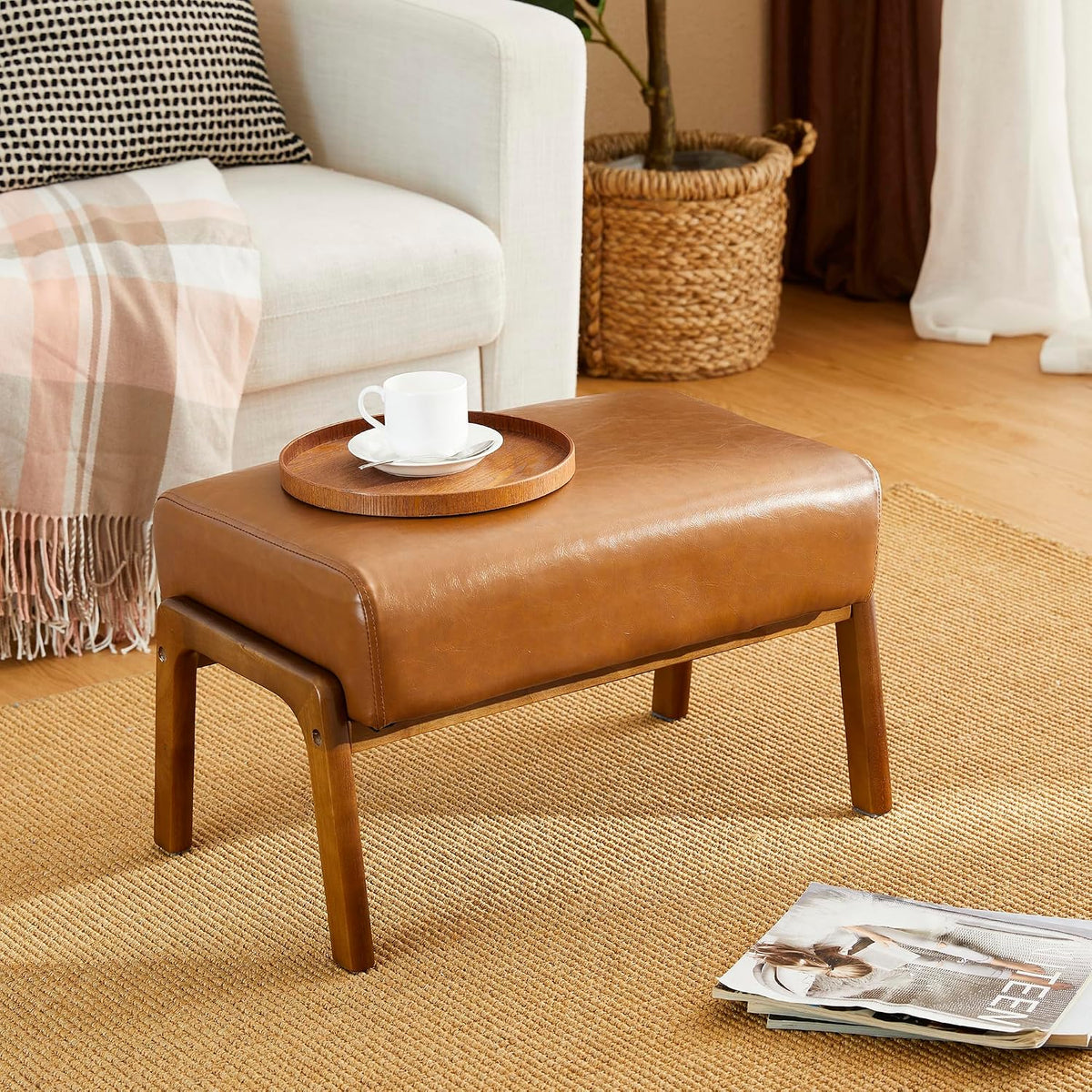 Glitzhome 15.5"(H) Footrest Stool, Leatherette Ottoman, Accent Padded So...