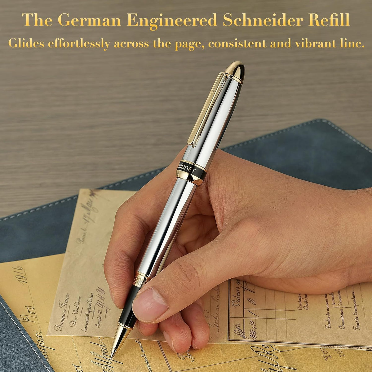BEILUNER 315 Luxury Rollerball Pen, with 24K Gold Finish-Silver Chrome