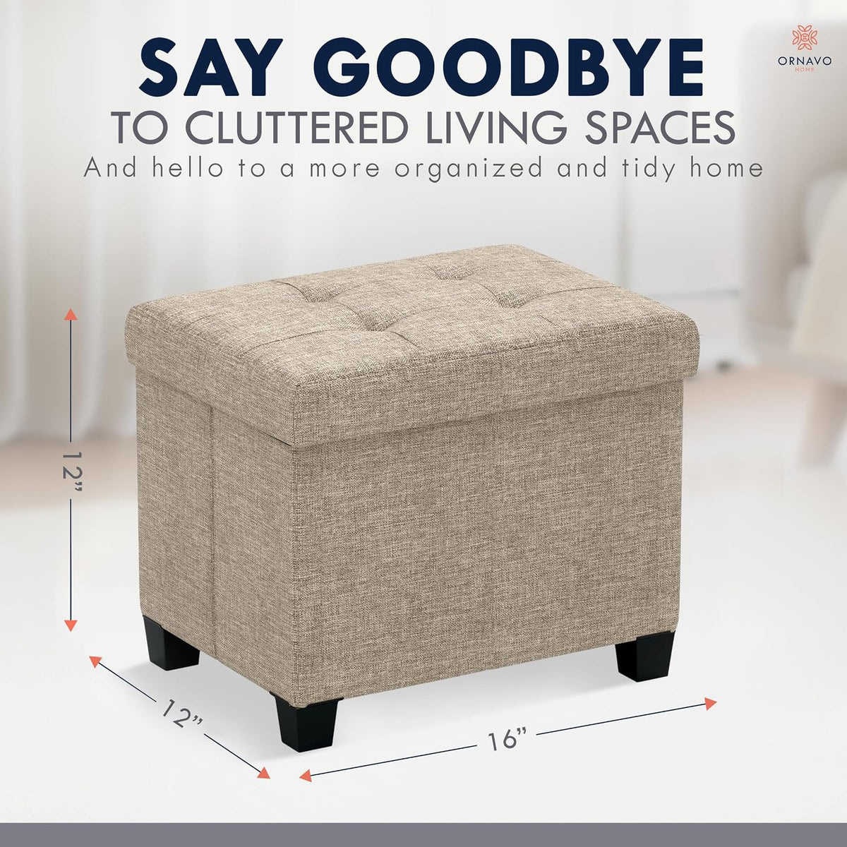 Ornavo Home Small Rectangle Storage Ottoman with Legs, 12x16x12, Tan/Taupe