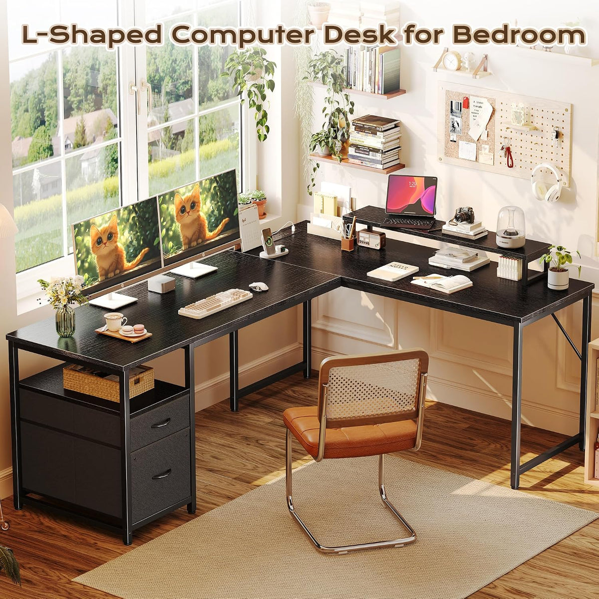 PRAISUN 63 Inch L Shaped Desk with Power Outlets and USB-C Port, Computer Cor...
