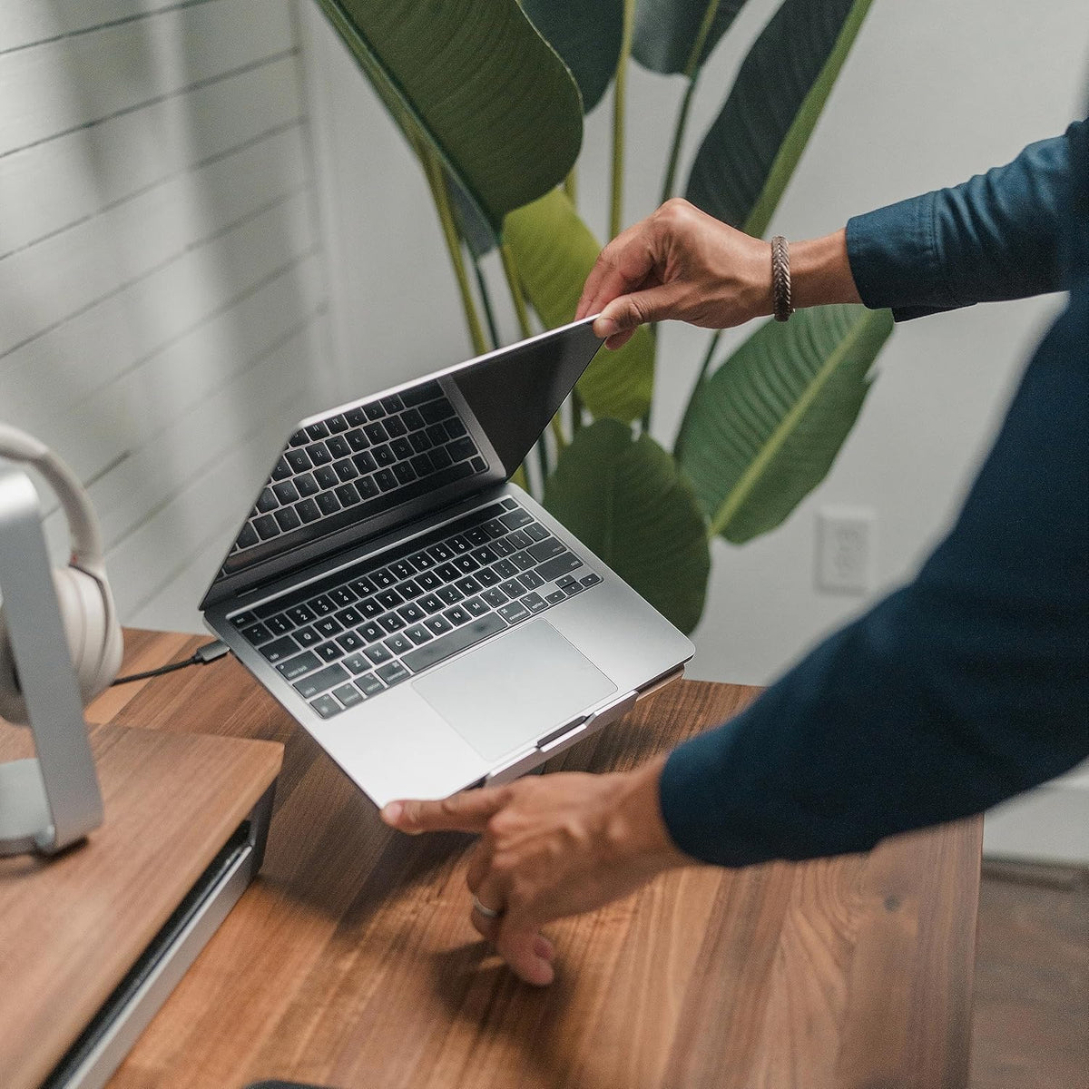 HumanCentric Laptop Riser for Desk, Black Walnut Wood Top & Space Gray Base