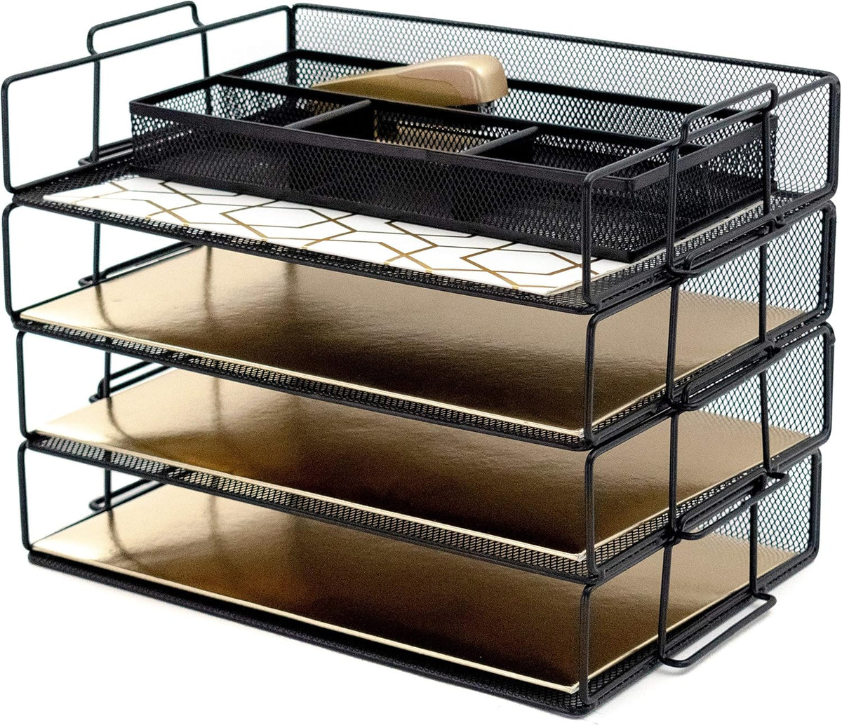 BLU MONACO 4-Tier Stackable Paper Tray for Desk Organization | Black Metal Me...