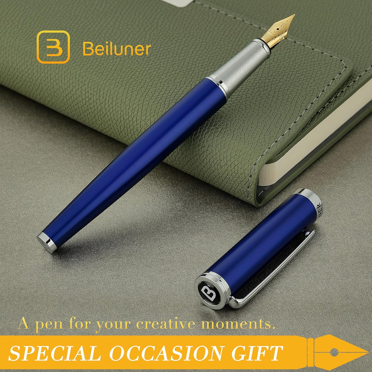 BEILUNER Luxury Fountain Pen Set,Solid 24K Gilded(Medium)-Charming Blue