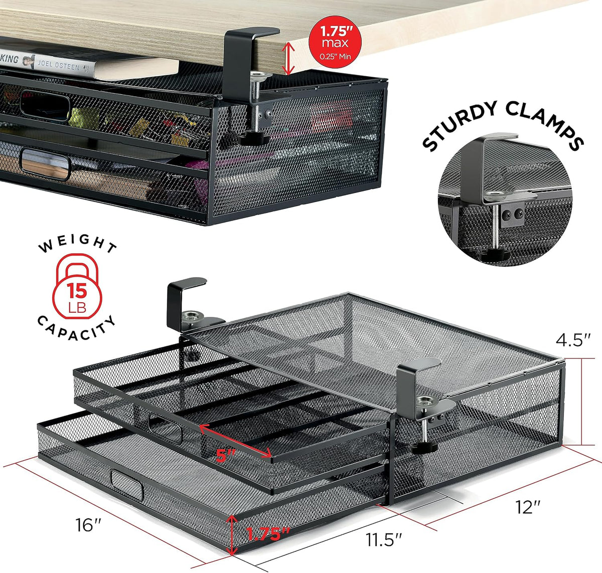 Homeify Under Desk Drawer Organizer Clamp-On, Mesh Metal Drawer Attachment, 2...