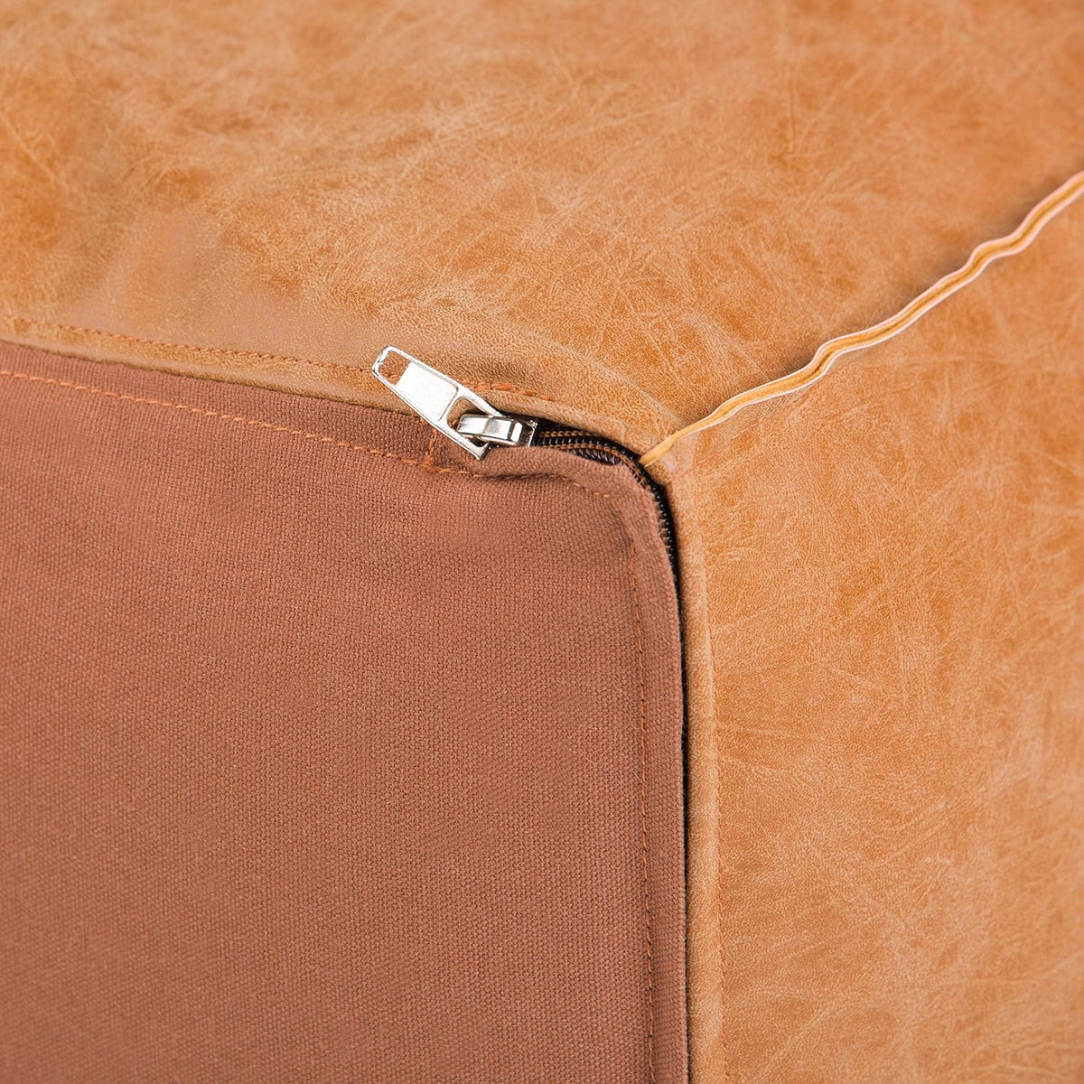 SIMPLIHOME Brody 30" Wide Pouf in Distressed Camel Brown Faux Leather