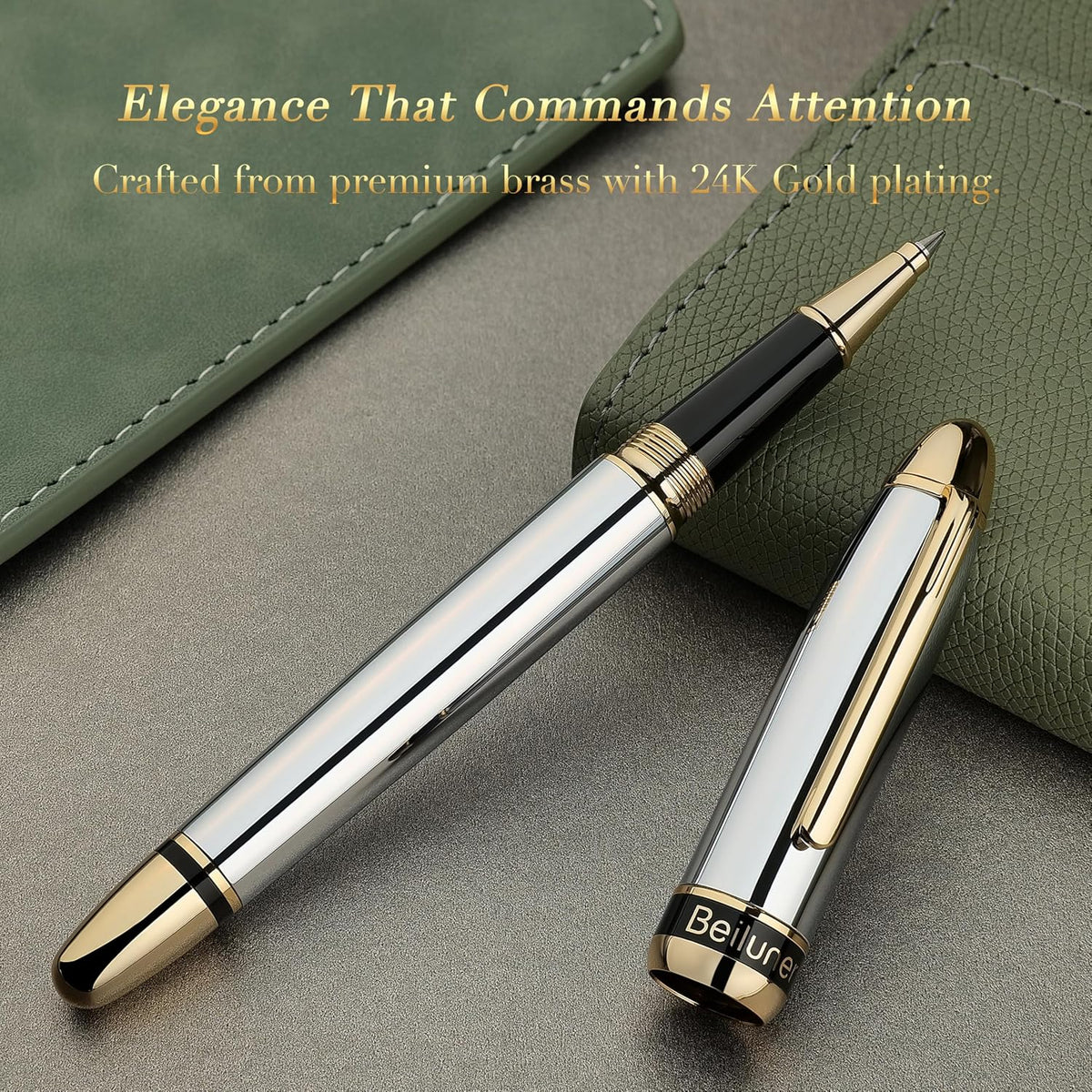 BEILUNER 315 Luxury Rollerball Pen, with 24K Gold Finish-Silver Chrome