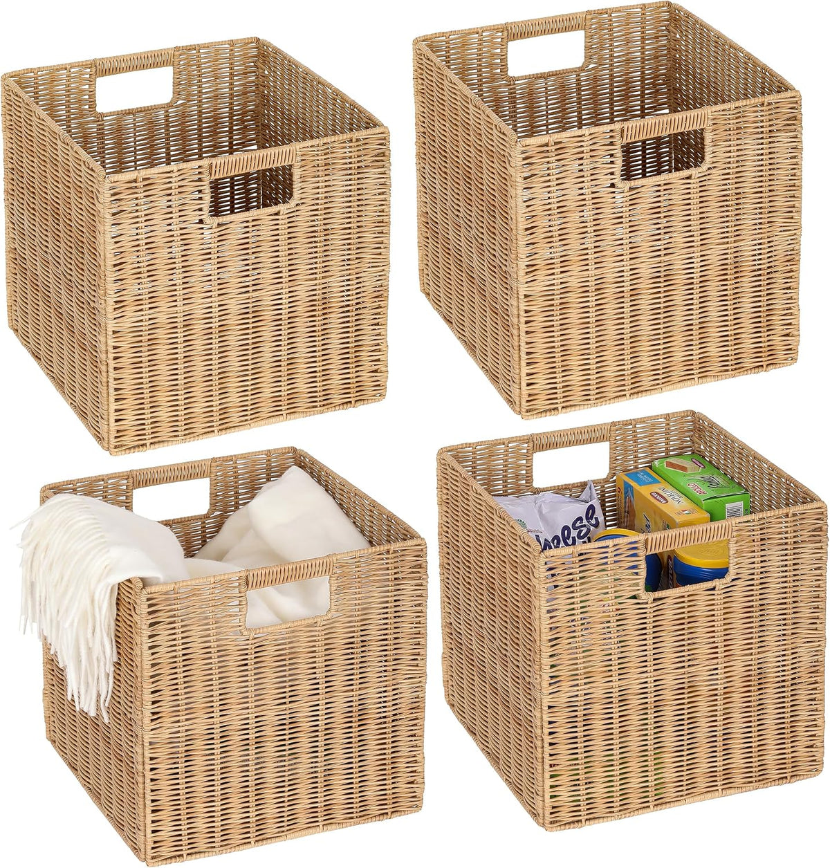 12x12inch Plastic Wicker Cube Baskets Large Foldable Handwoven,4 Pack,Khaki