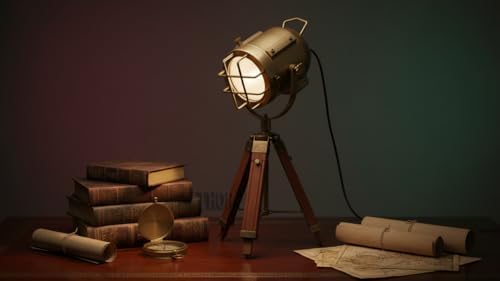 THOR INSTRUMENTS Vintage Industrial Tripod Table Lamp, Brown Brass Teak Wood
