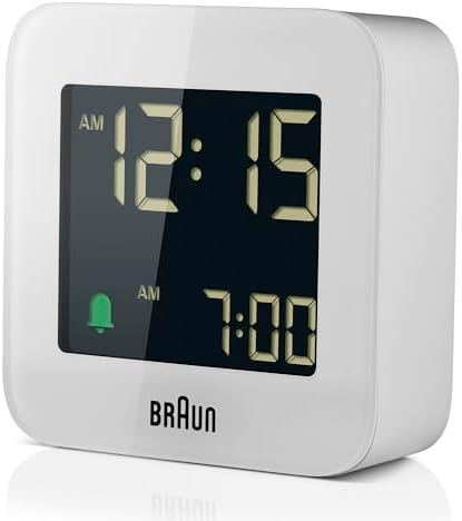 braun digital travel alarm clock with snooze, compact on a desk or shelf