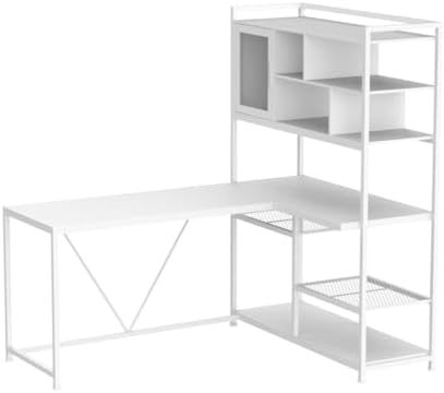 SEDETA L Shaped Computer Desk with Storage Shelves and Bookshelf, White