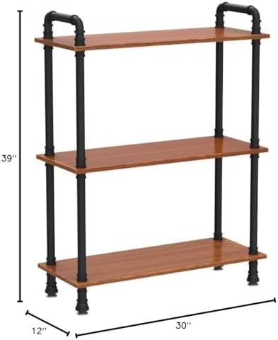 Industrial Bookshelf, Pipe Shelf Bookcase, 3 Tier, 30" Rustic Brown