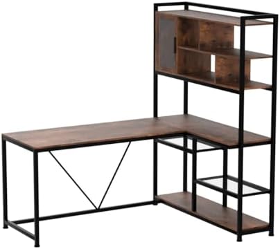 SEDETA L Shaped Computer Desk with Storage Shelves, Bookshelf, Rustic Brown