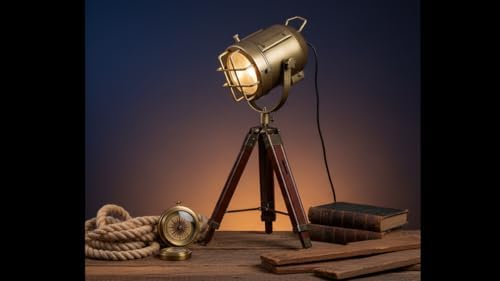 THOR INSTRUMENTS Vintage Industrial Tripod Table Lamp, Brown Brass Teak Wood