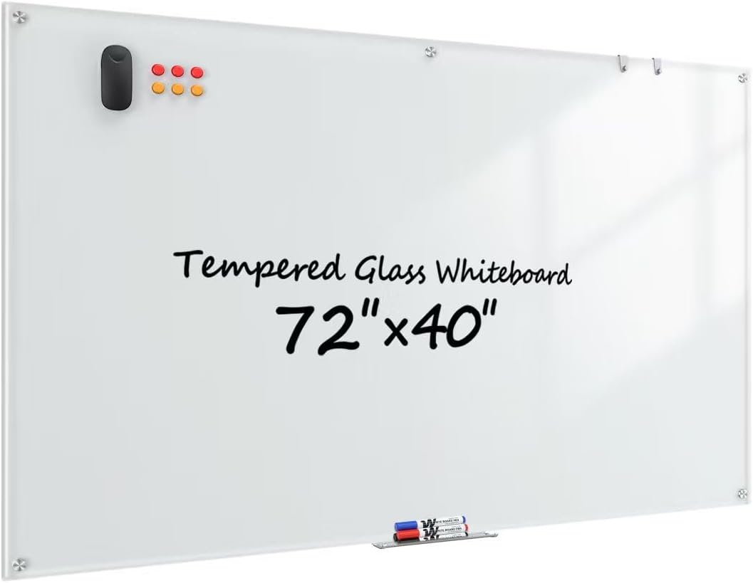 Glass Whiteboard 72" x 40", Frameless Wall Mounted Dry Erase Board ...