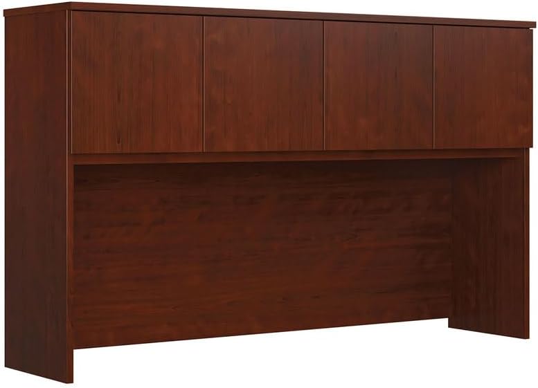 60 Inch Desk Hutch with Storage Cabinets, Office Hutch Organizer for Desk, Wood Desktop Shelf with Doors and Open Workspace for Computer Setup, Modern Brown Finish, Space-Saving Design