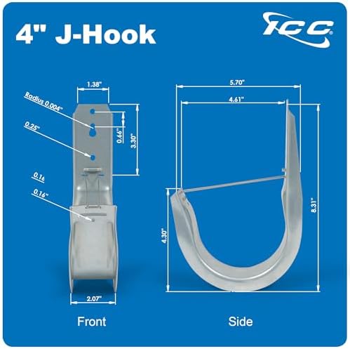 ICC 4-Inch Wall Mount J Hook Cable Management, Retainer Clips, 25-Pack