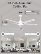 ohniyou 60'' industrial ceiling fan with light for, side view