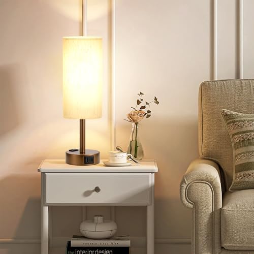 Fenmzee Brown Bedside Lamp for Bedroom, Dimmable Touch, USB A+C, AC Outlet