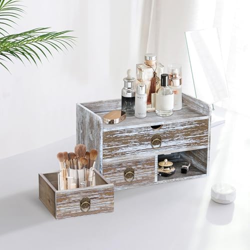 Wood Desk Organizer with Drawer, Washed Brown Wooden Desktop Organizer, Table...