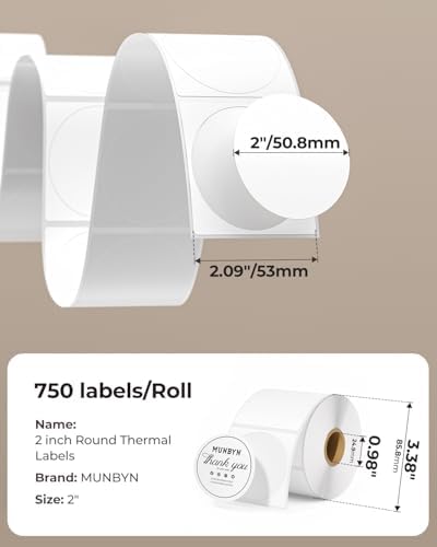 MUNBYN 2 Inch Circle Thermal Labels for Business, 750 Sheets/1 Roll | Thermal Sticker Labels, No BPA and BPS, Self-Adhesive, Print Clear and Sharp, Wide Compatibility