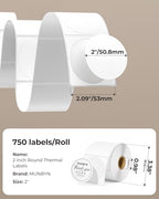 MUNBYN 2 Inch Circle Thermal Labels for Business, 750 Sheets/1 Roll | Thermal Sticker Labels, No BPA and BPS, Self-Adhesive, Print Clear and Sharp, Wide Compatibility