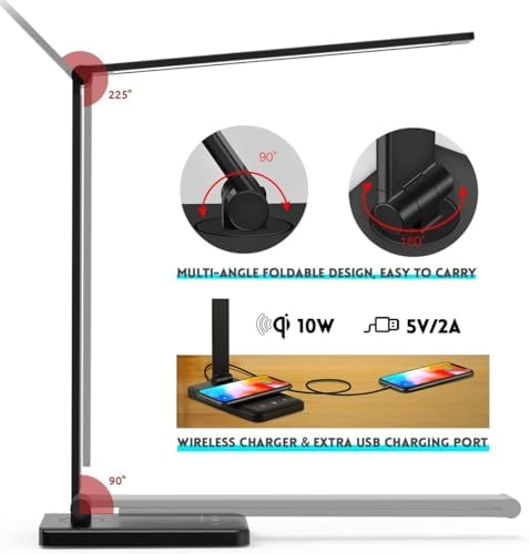 led desk lamp with wireless charger, usb charging, side view