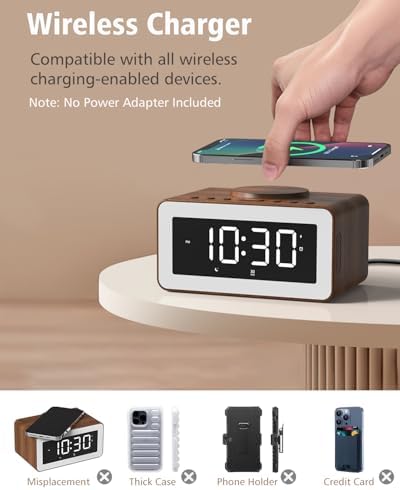alarm clock for bedroom, wireless charging, bluetooth speaker showing dimensions