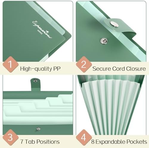 Sooez Elegant Accordion File Organizer, 8 Pocket Expanding File Folder | Portable Folders for Documents, Cute Paper Organizer with Label, for School Office College Supplies, Letter Size, Light Green