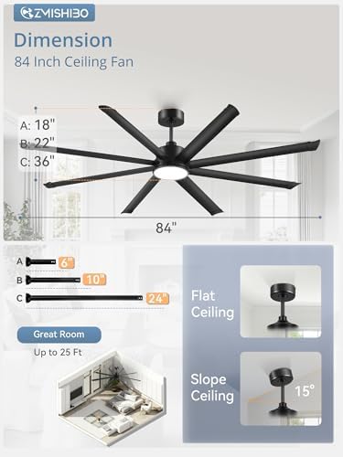 zmishibo 84 inch ceiling fans with lights,8 aluminum, side view