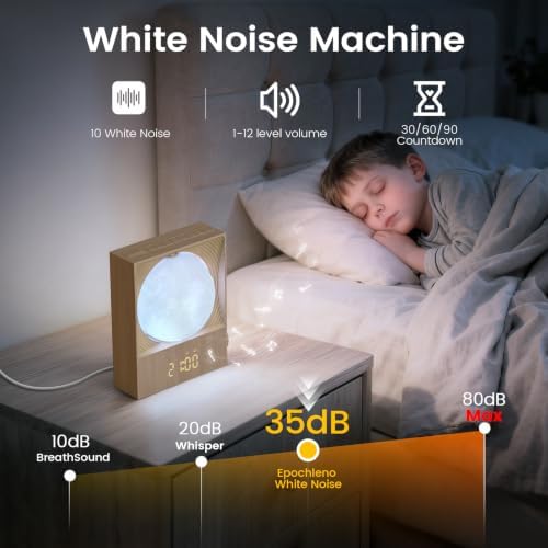 sunrise alarm clock, 360-degree rotating moonlight & 10 showing dimensions