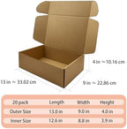 13x9x4 inch shipping boxes set of 20, brown on a desk or shelf