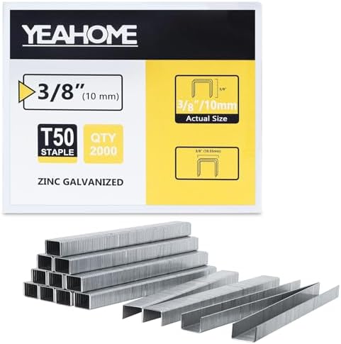 Heavy Duty Staples, 2000 Counts 3/8 inch T50 Staples, 20 Gauge Galvanized 3/8 Inch Crown Upholstery Staple for Pneumatic, Electric T50 Staple Gun