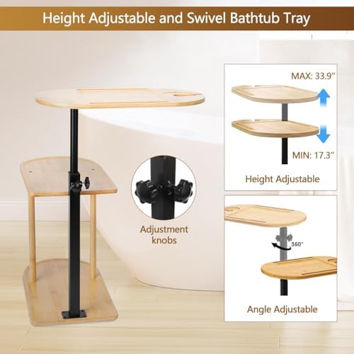 3 Layer Bathtub Tray Table,Bamboo Swivel Bathtub Side Table Height Adjustable...