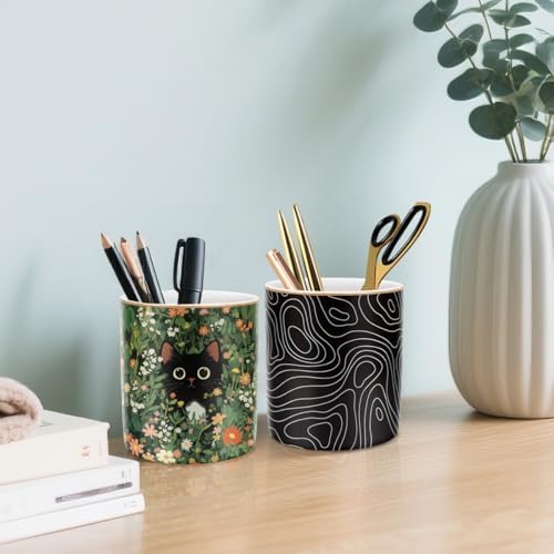 Black Cat Pen Holder for Desk Accessories, Durable Ceramic Pencil Organizer Decor for Room, Office, Classroom, Cat Lover Gifts