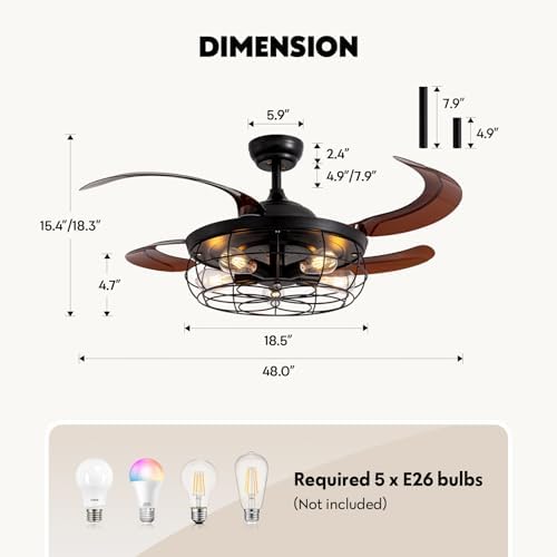 48" retractable ceiling fan with lights and remote, package contents