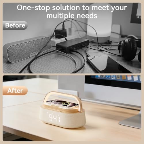 alarm clock bedroom with wireless charger bluetooth speaker, front angle view