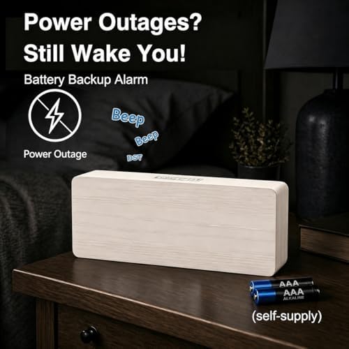 peakeep wooden digital alarm clock large display, textured, close-up detail