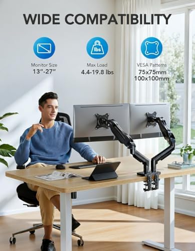 huanuo dual monitor stand, fully adjustable gaming monitor shown in use