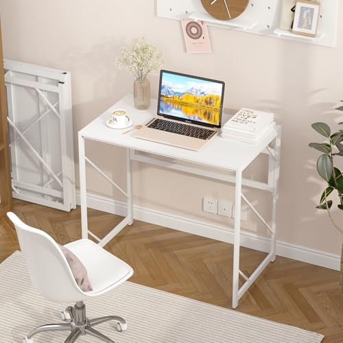 Elephance Folding Desk Writing Computer Desk for Home Office No-Assembly | Study Office Desk,Foldable Table for Small Spaces,31.5 Inch,White