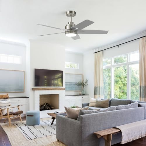 52 inch brushed nickel ceiling fan with light, front angle view