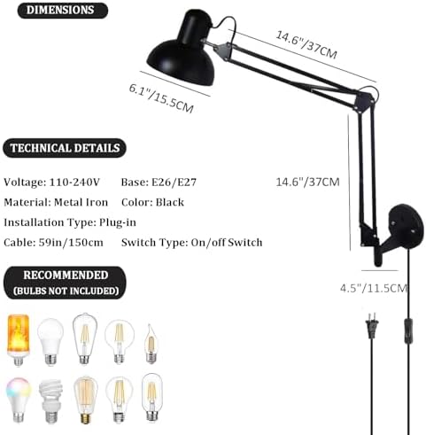 Black Industrial Swing Arm Wall Light Nordic Adjustable Long Arm Wall Sconces...