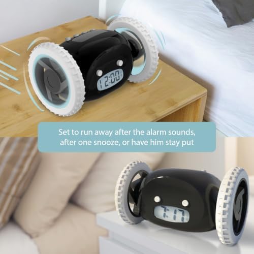clocky runaway digital loud rolling alarm clock for, front angle view