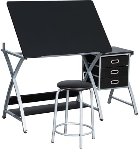 yaheetech drafting table with storage & stool, adjustable, main product view