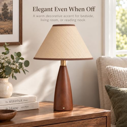 Mid Century Modern Touch Table Lamp with Brown Wooden Base