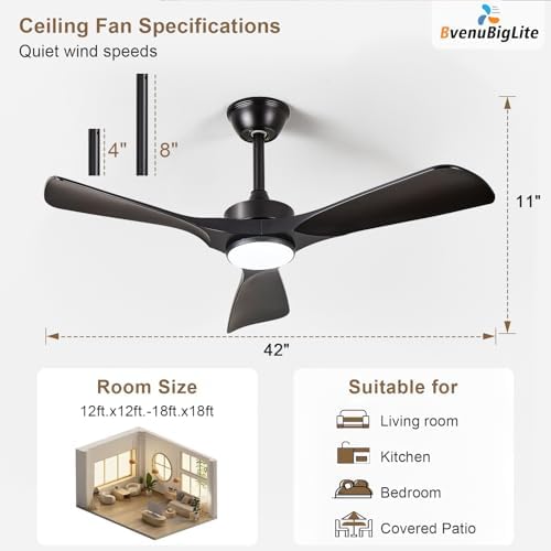 black ceiling fan with light: 42-inch ceiling fan showing dimensions