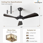 black ceiling fan with light: 42-inch ceiling fan showing dimensions