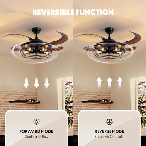 48" retractable ceiling fan with lights and remote, side view