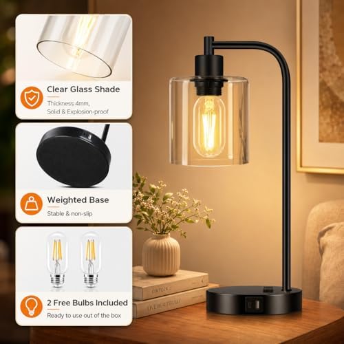 set of 2 industrial touch control table lamps showing dimensions